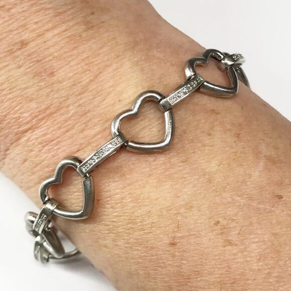 925 Sterling Silver Open Heart Charm and CZ Accented Bar Station Chain Bracelet - Picture 1 of 10